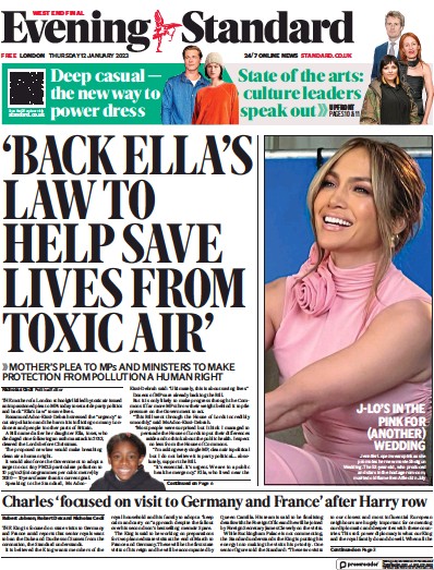 London Evening Standard (UK) Newspaper Front Page for 13 January 2023