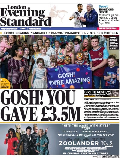 London Evening Standard Newspaper Front Page for 13 February 2016