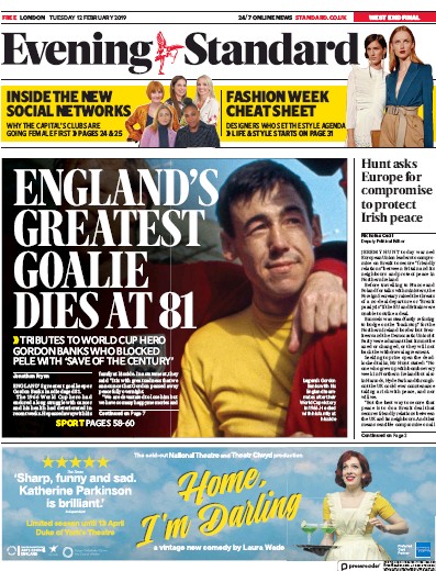 London Evening Standard Newspaper Front Page for 13 February 2019