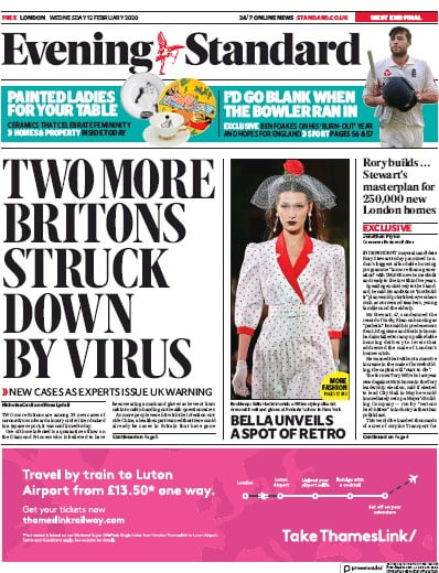London Evening Standard Newspaper Front Page for 13 February 2020