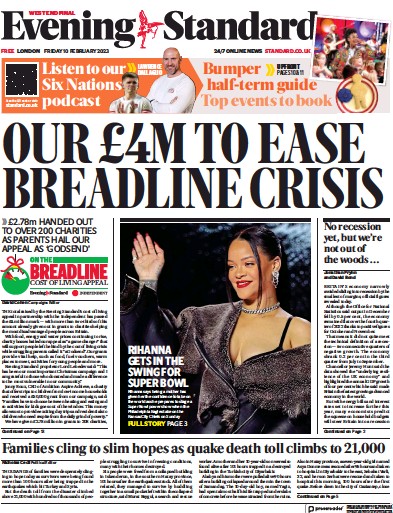 London Evening Standard (UK) Newspaper Front Page for 13 February 2023