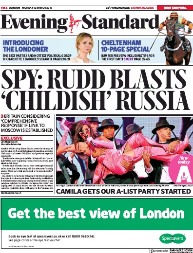 London Evening Standard Newspaper Front Page for 13 March 2018