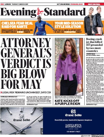 London Evening Standard Newspaper Front Page for 13 March 2019