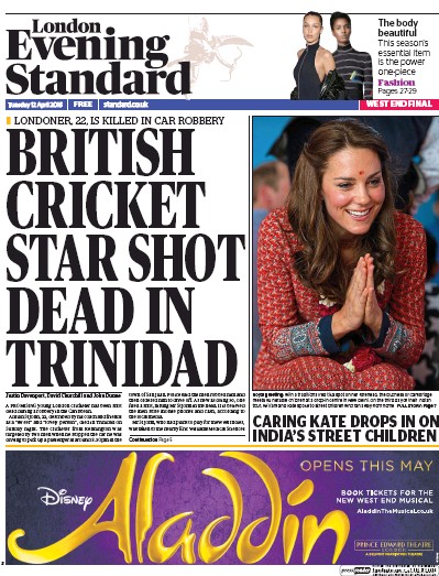 London Evening Standard Newspaper Front Page for 13 April 2016