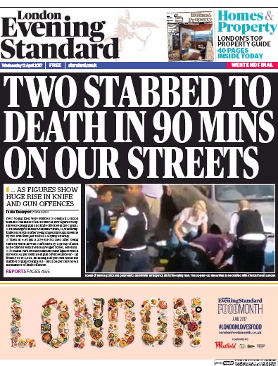 London Evening Standard Newspaper Front Page for 13 April 2017