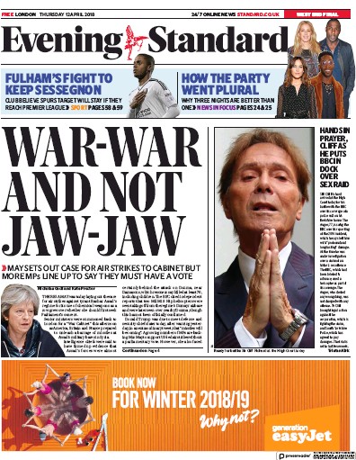 London Evening Standard Newspaper Front Page for 13 April 2018