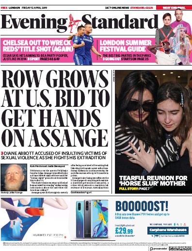London Evening Standard Newspaper Front Page for 13 April 2019