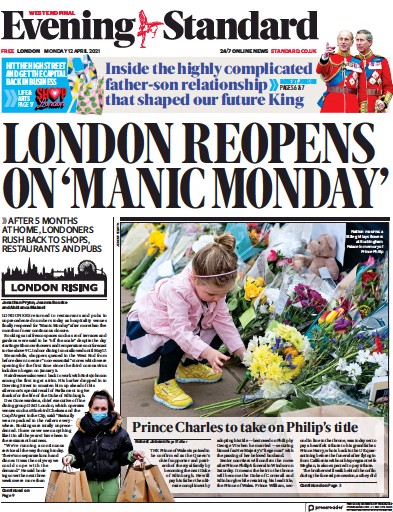 London Evening Standard (UK) Newspaper Front Page for 13 April 2021