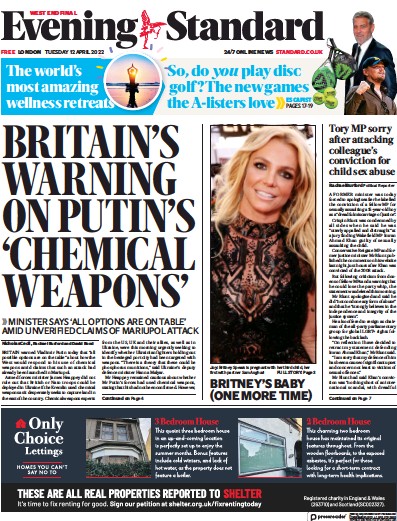 London Evening Standard Newspaper Front Page for 13 April 2022