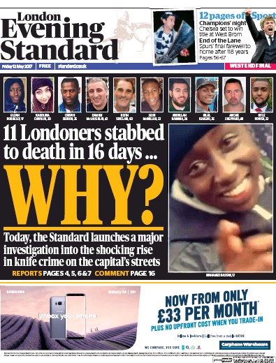 London Evening Standard (UK) Newspaper Front Page for 13 May 2017