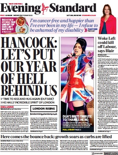London Evening Standard Newspaper Front Page for 13 May 2021