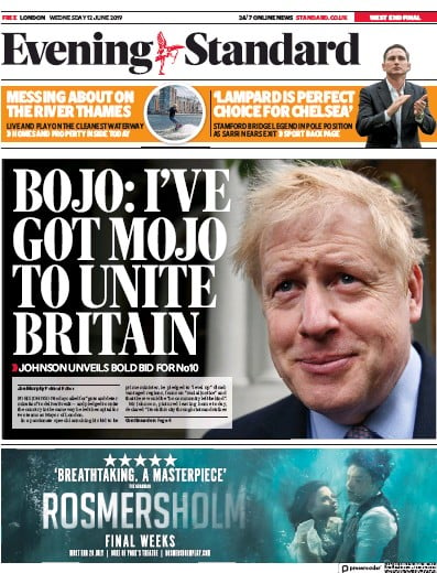 London Evening Standard Newspaper Front Page for 13 June 2019