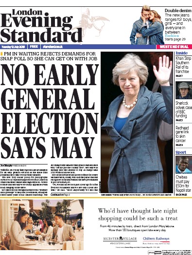 London Evening Standard Newspaper Front Page for 13 July 2016