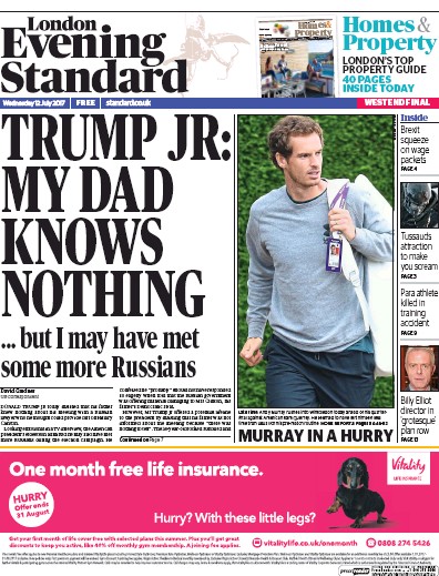 London Evening Standard Newspaper Front Page for 13 July 2017