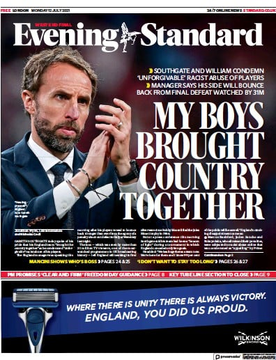 London Evening Standard (UK) Newspaper Front Page for 13 July 2021