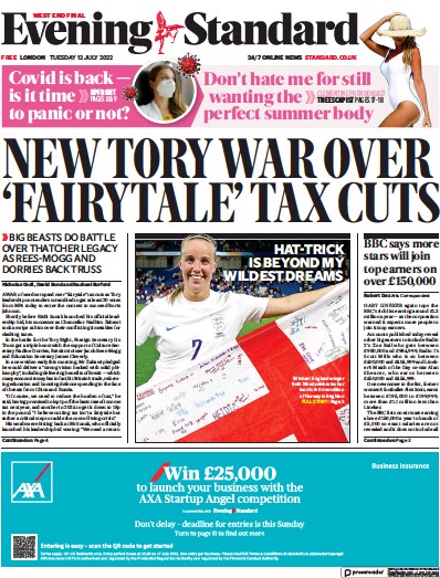 London Evening Standard Newspaper Front Page for 13 July 2022