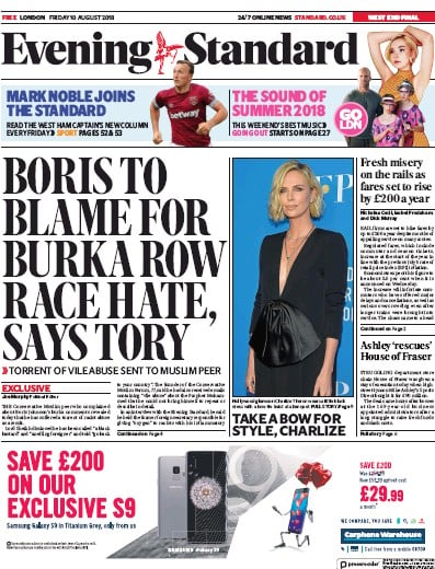 London Evening Standard Newspaper Front Page for 13 August 2018