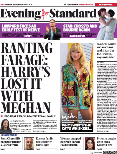 London Evening Standard Newspaper Front Page for 13 August 2019