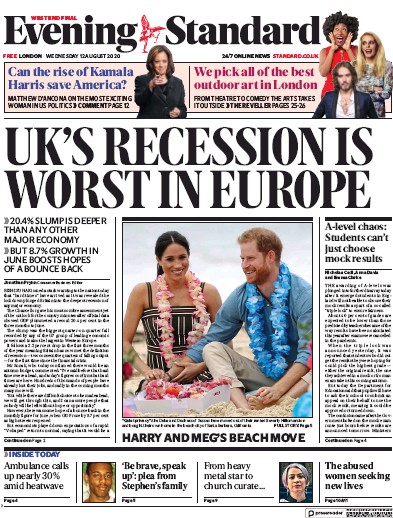 London Evening Standard Newspaper Front Page for 13 August 2020