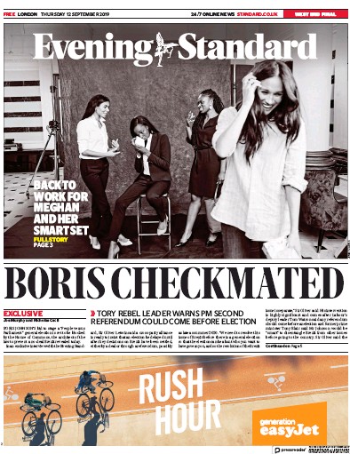 London Evening Standard Newspaper Front Page for 13 September 2019