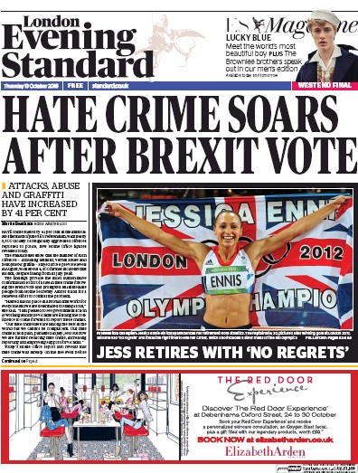 London Evening Standard Newspaper Front Page for 14 October 2016
