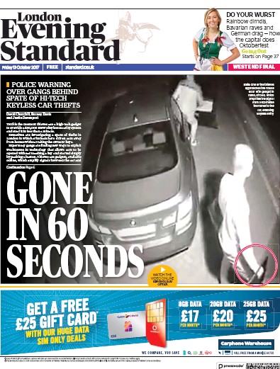 London Evening Standard Newspaper Front Page for 14 October 2017