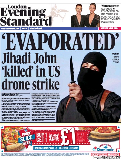 London Evening Standard (UK) Newspaper Front Page for 14 November 2015