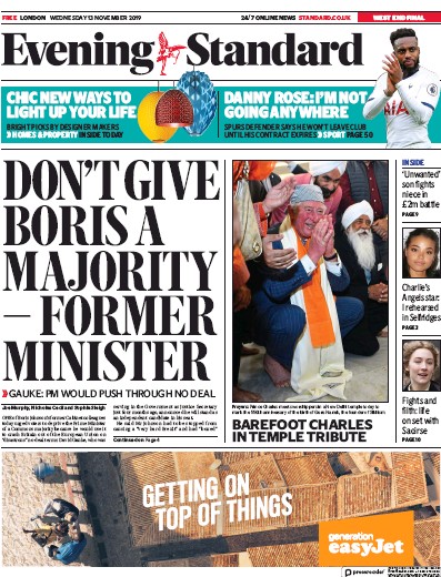 London Evening Standard Newspaper Front Page for 14 November 2019