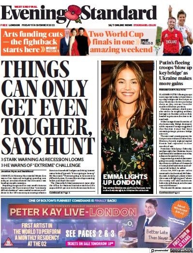 London Evening Standard (UK) Newspaper Front Page for 14 November 2022