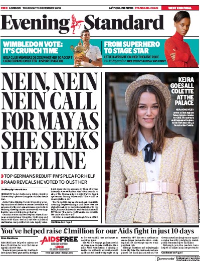 London Evening Standard Newspaper Front Page for 14 December 2018