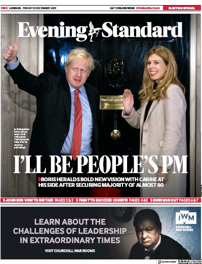 London Evening Standard Newspaper Front Page for 14 December 2019