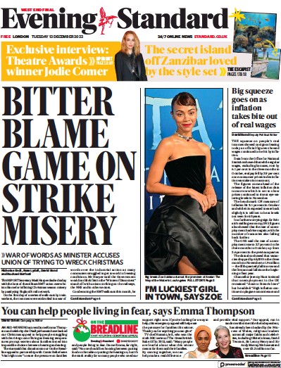 London Evening Standard Newspaper Front Page for 14 December 2022