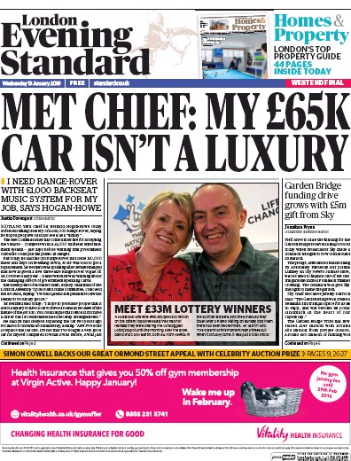 London Evening Standard (UK) Newspaper Front Page for 14 January 2016