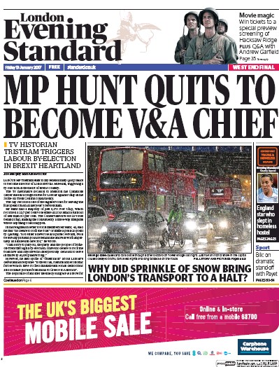 London Evening Standard Newspaper Front Page for 14 January 2017