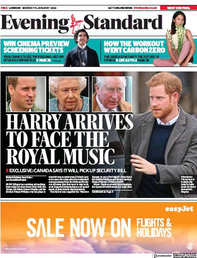 London Evening Standard Newspaper Front Page for 14 January 2020