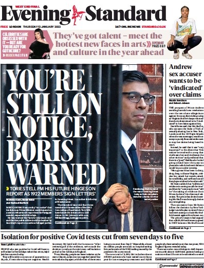 London Evening Standard (UK) Newspaper Front Page for 14 January 2022