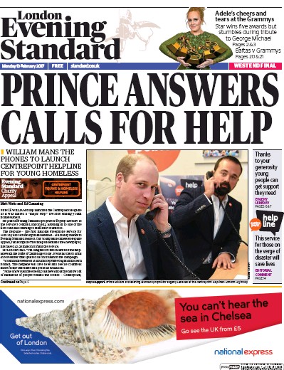 London Evening Standard (UK) Newspaper Front Page for 14 February 2017