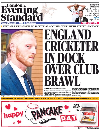 London Evening Standard Newspaper Front Page for 14 February 2018