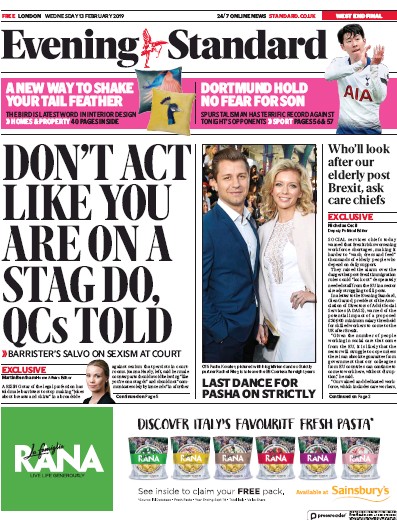 London Evening Standard Newspaper Front Page for 14 February 2019
