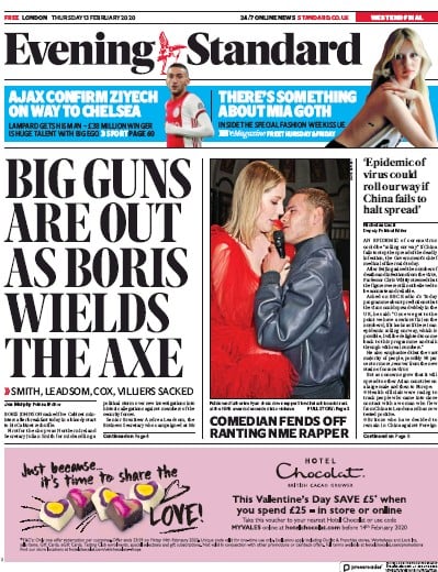 London Evening Standard Newspaper Front Page for 14 February 2020