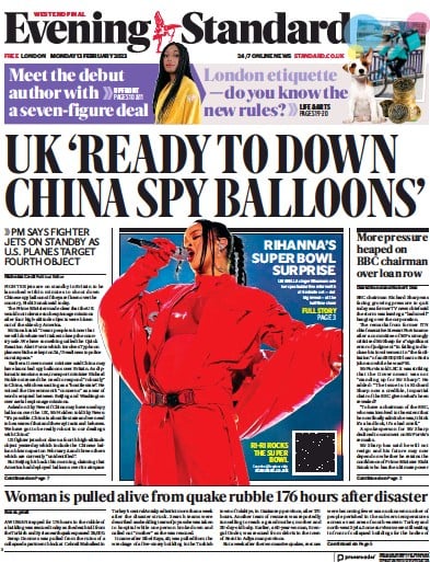 London Evening Standard (UK) Newspaper Front Page for 14 February 2023