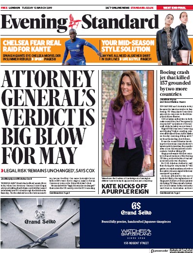 London Evening Standard (UK) Newspaper Front Page for 14 March 2019