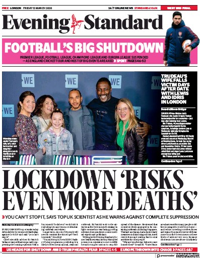 London Evening Standard Newspaper Front Page for 14 March 2020