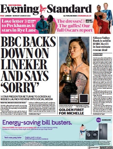 London Evening Standard (UK) Newspaper Front Page for 14 March 2023