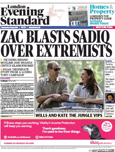London Evening Standard Newspaper Front Page for 14 April 2016