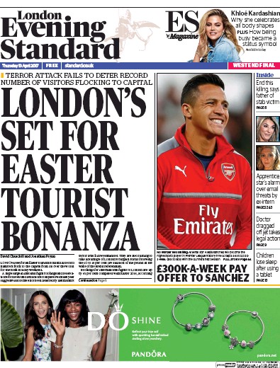 London Evening Standard Newspaper Front Page for 14 April 2017