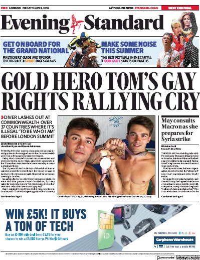 London Evening Standard Newspaper Front Page for 14 April 2018