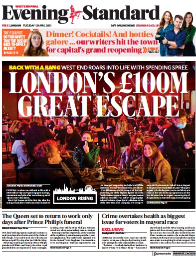 London Evening Standard (UK) Newspaper Front Page for 14 April 2021