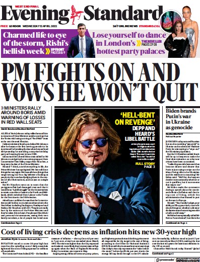 London Evening Standard Newspaper Front Page for 14 April 2022