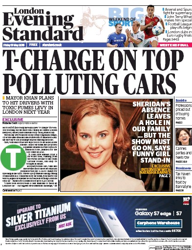 London Evening Standard Newspaper Front Page for 14 May 2016